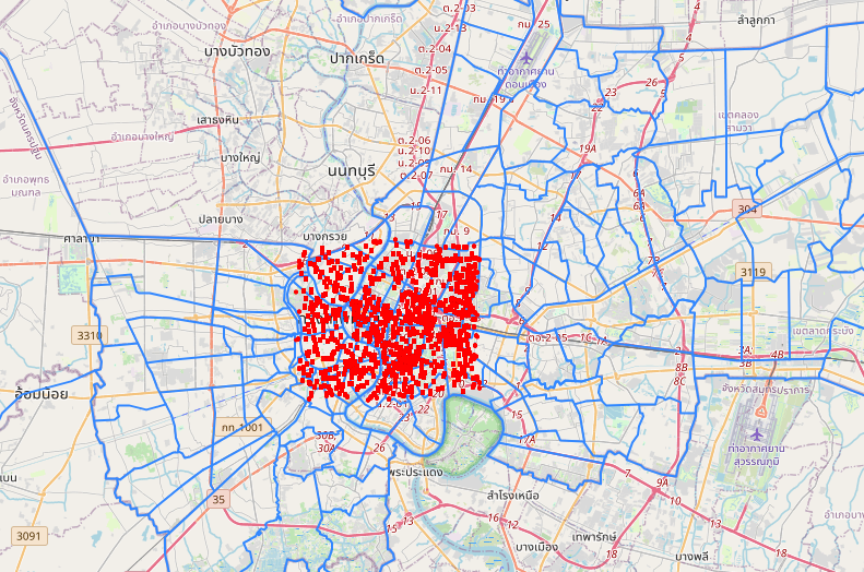 7-Eleven stores marked as red dots in city center of Bangkok with overlay on OpenMaps