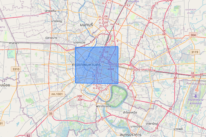 Polygon shape of city center of Bangkok with overlay on OpenMaps